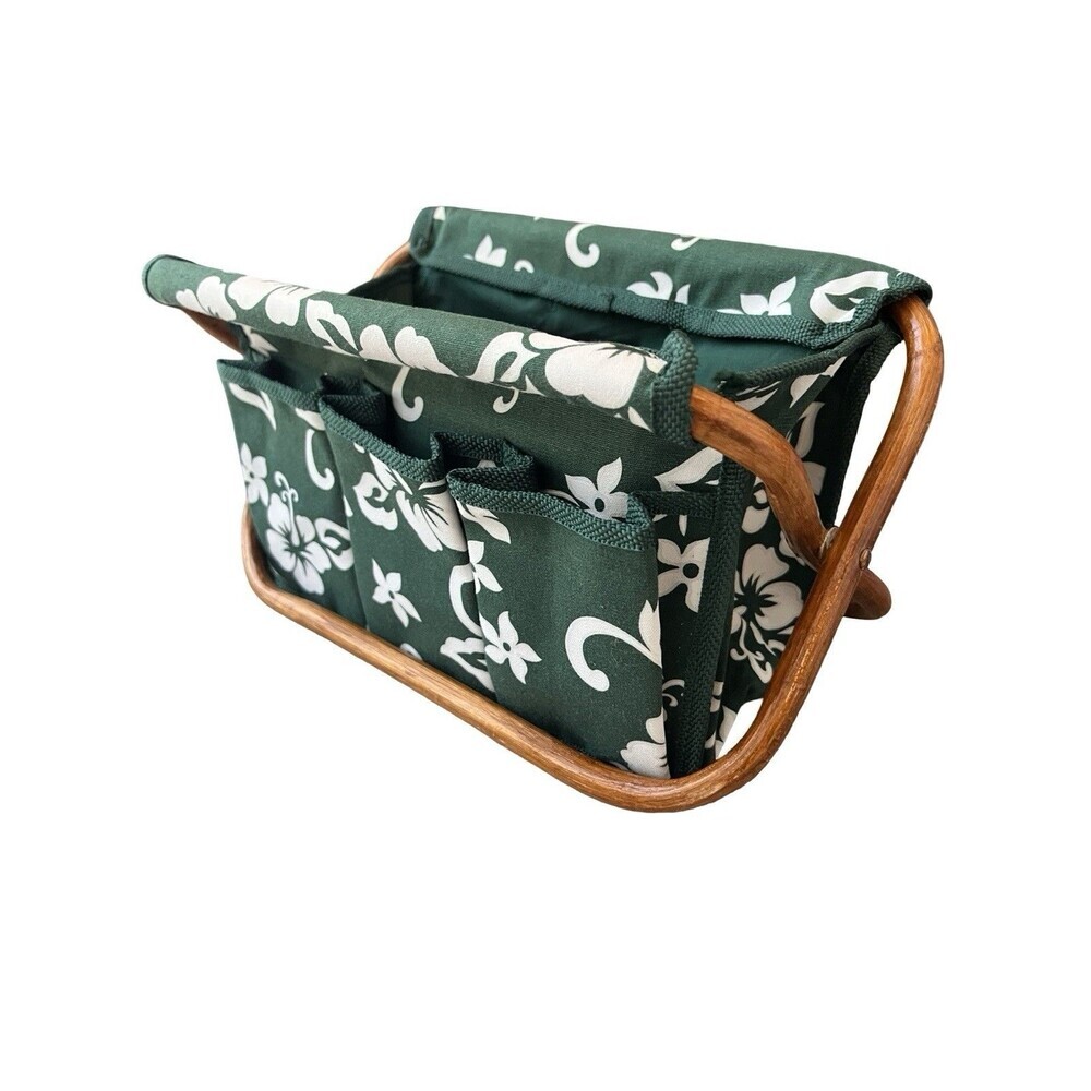 Vintage Folding Sewing Craft Organizer Basket Green Floral Wood Handle Storage